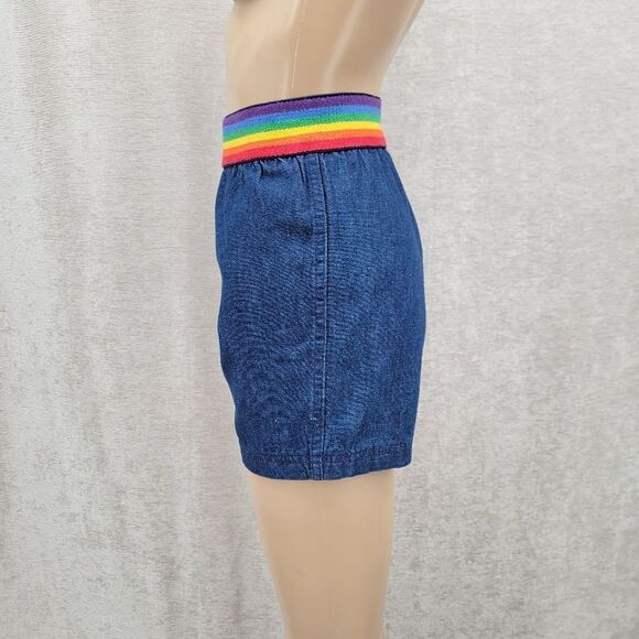 Moddy's Goose 70s 80s Vintage Blue Jean Denim Shorts with Rainbow Waistband - Picture 3 of 12